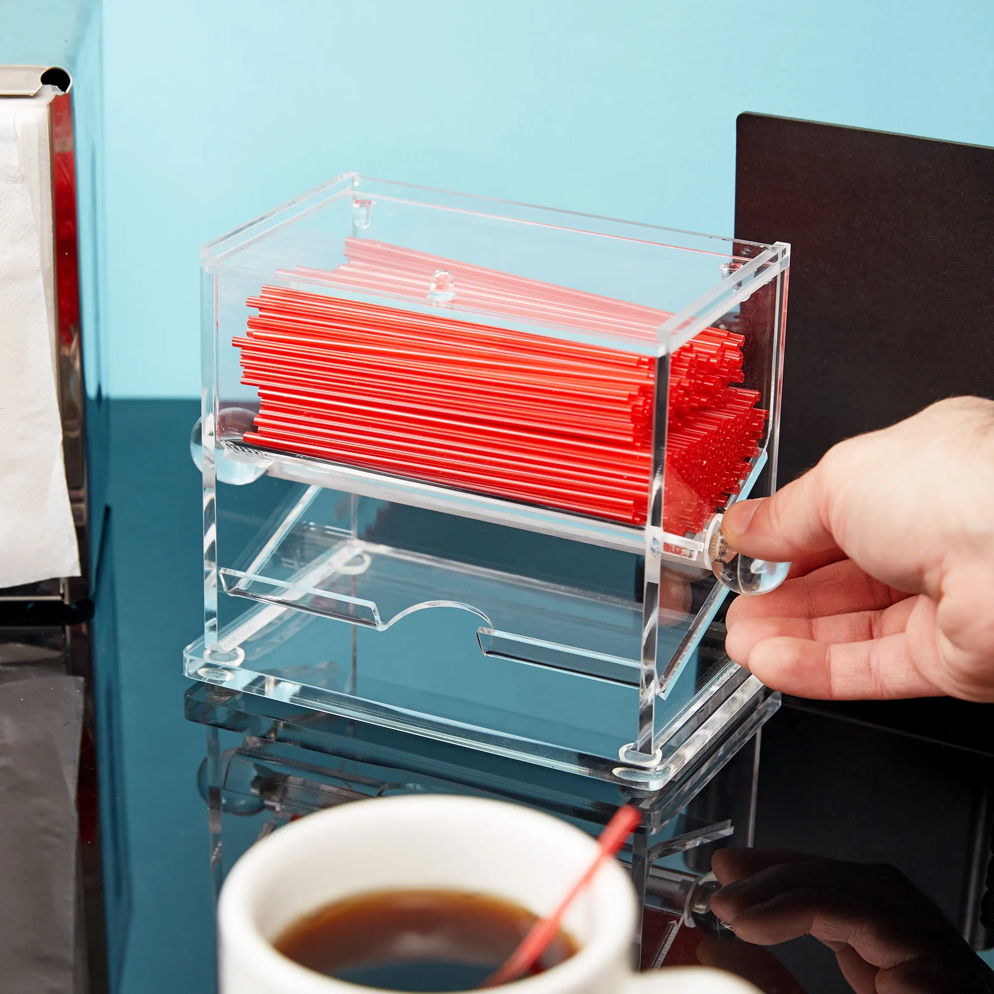 Acrylic Straw Dispenser Holder with Lid Rolling Knob Pencil Organization Box