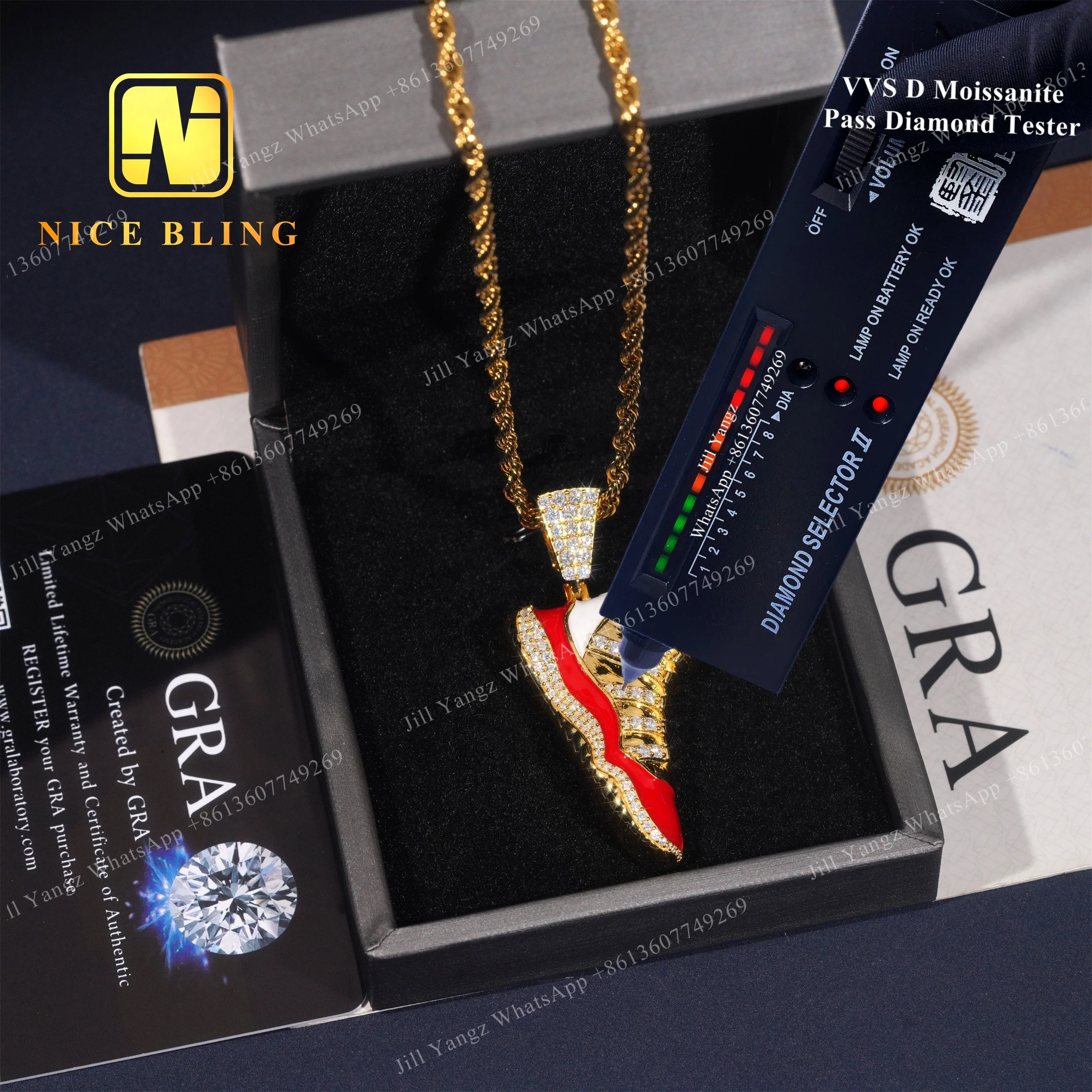 NEW ARRIVAL 3D Design Sneaker Shoe Pendant moissanite Red Enamel 925 Hip Hop iced out Pendant Jewelry Moissanite Pendant