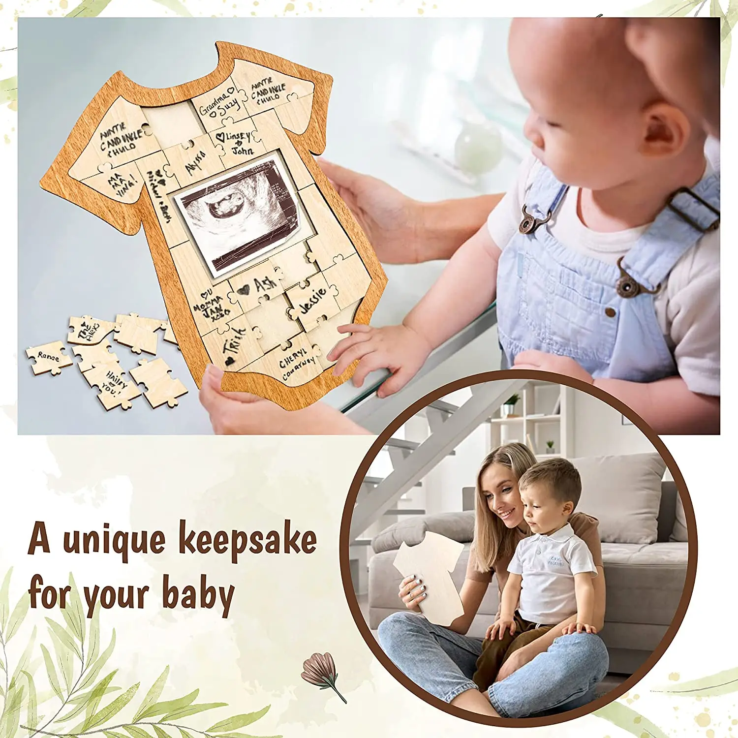 Wooden  Baby Shower Guest Book Alternatives Onesie Frame & 25 Prediction Game Cards