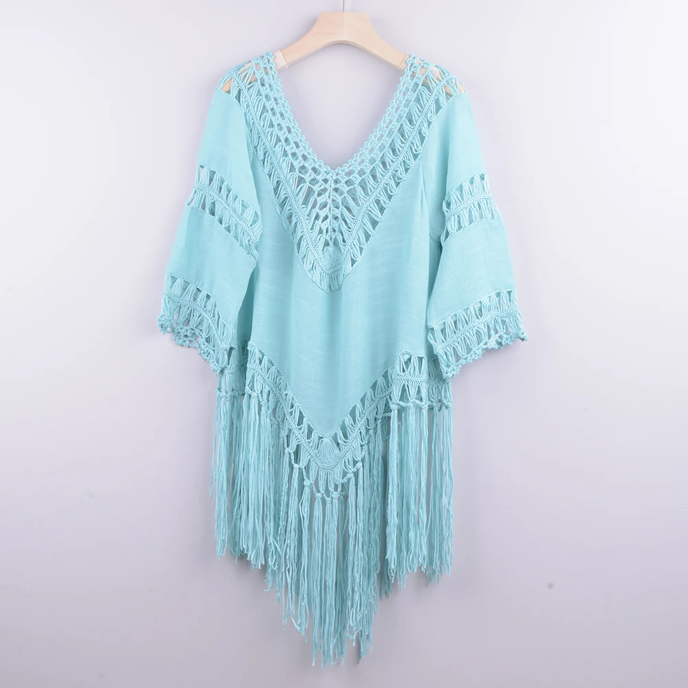 Women Hollow Out Beachwear Bikini Cover Up Loose Swim Dress Sundress Beach Tunic, Tassels Pareo Swimwear Summer Beach Dress