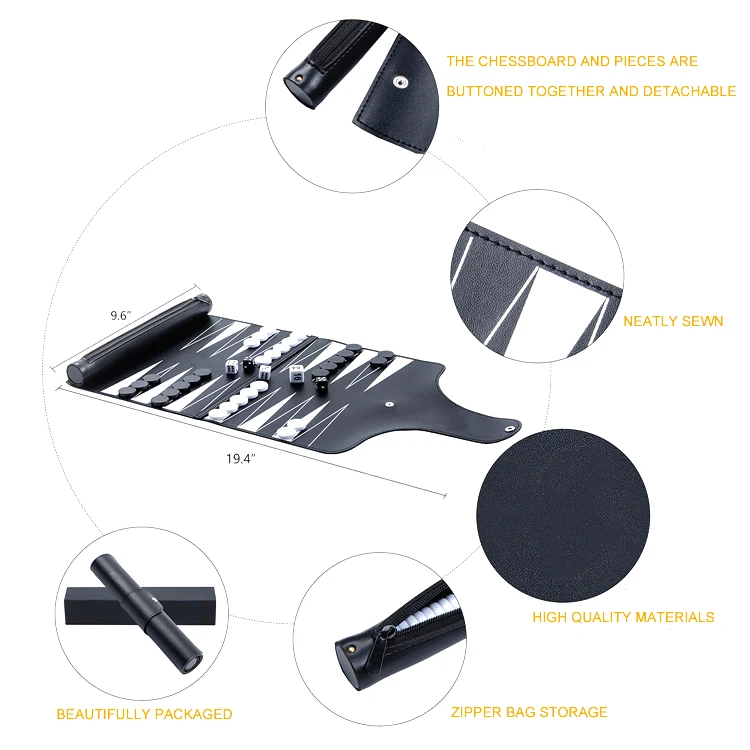 High Quality Rolling Leather PU Travel Roll-Up Backgammon Board Set