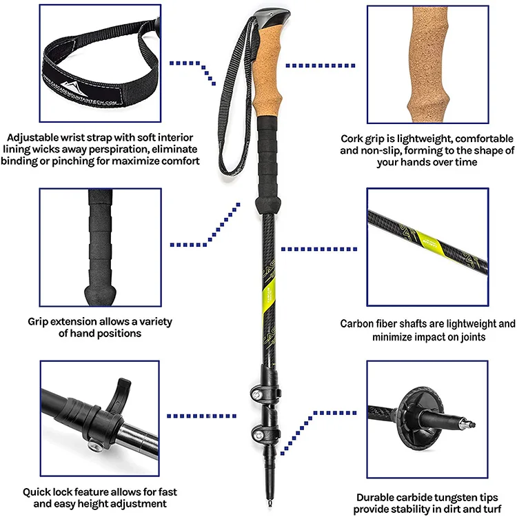 Hiking Sticks Trekking Pole Carbon Fiber Walking Sticks with Quick Adjustable Locks and Anti-slip Handle