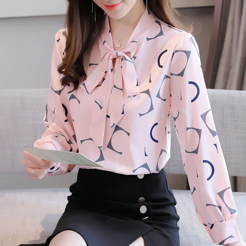 
New Bow White Blouse Women 2021 Button Office Lady Blue Chiffon Shirt Autumn Tops Clothes 