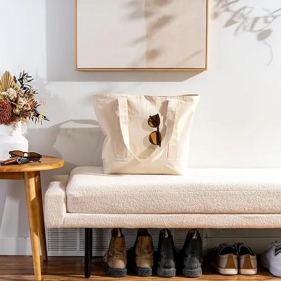 Cheap Shopping Reusable Top Zipper Heavy Duty Large Capacity 16oz Cotton Canvas Tote Bag With Pockets