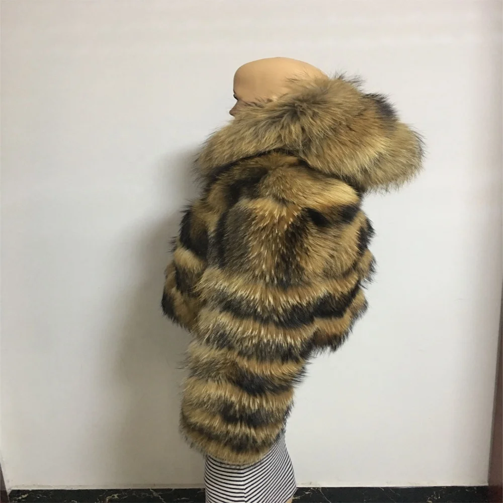 Ladys Fashion Raccoon Fur With Hood Coat Hot Selling