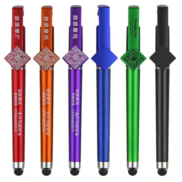 customized china Best selling 4 in 1 Ballpoint pen with touch stylus mobile holder stand and QR Code imprint on the cap clip
