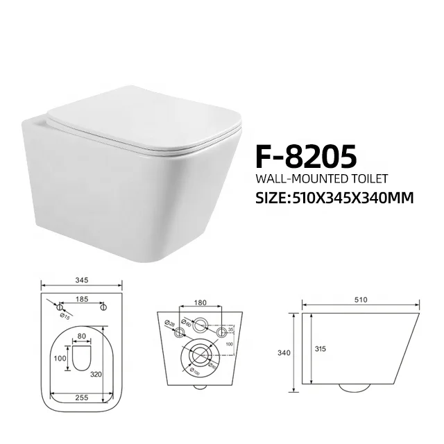
F-8205 High quality Wall mounted toilet square bowl ceramic sanitary rimless for European market 