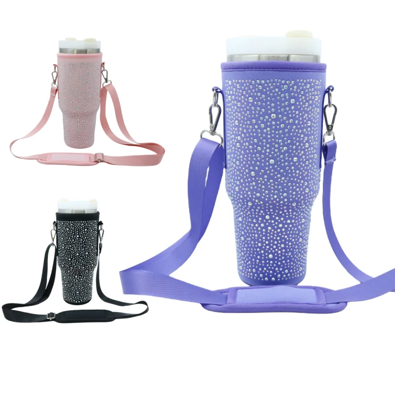 neoprene sparkling rhinestone water bottle cover sleeve Bling Water Bottle Carrier Bag for Adventure 40oz Tumbler with Handle