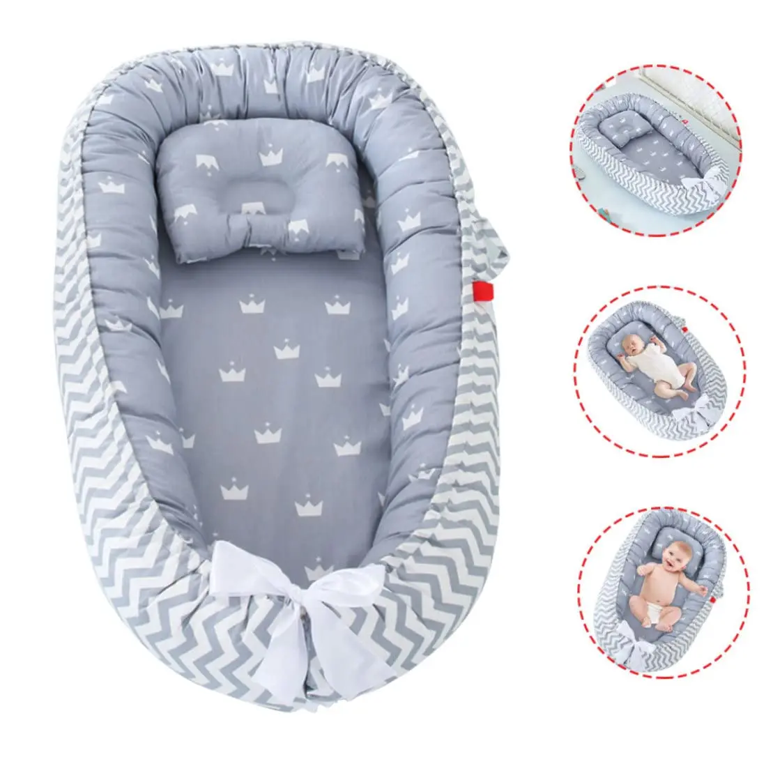Portable Newborn Cushion Bed with Pillow Baby Lounger Pod Breathable Cotton Newborn Lounger