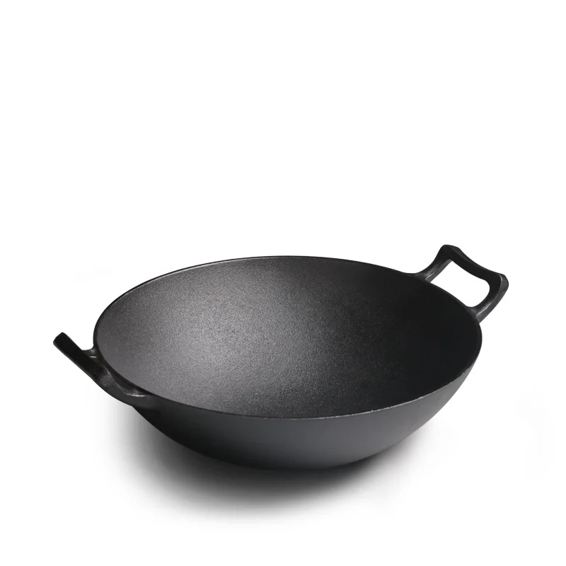 China Cast iron non-stick Non-coating wok frying pan home cooking preseasoned two handle cast iron wok/kitchen wok/cast iron wok