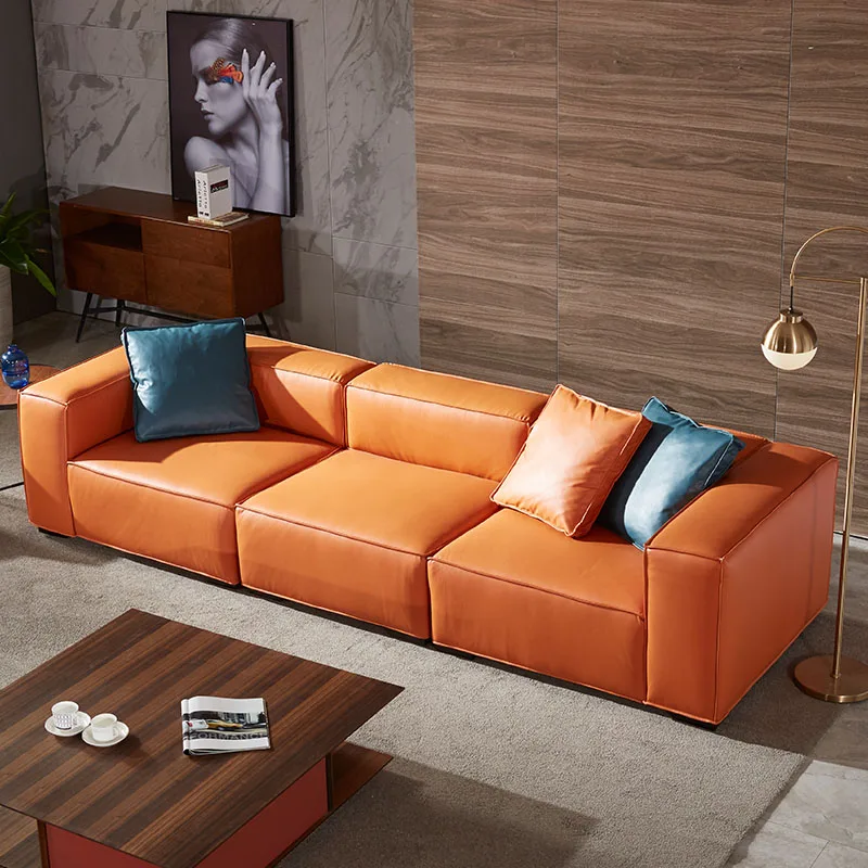 Luxury Nordic Style Living Room Leather Soft Backcushion Sectional Sofa Set Corner Sofa with Ottoman