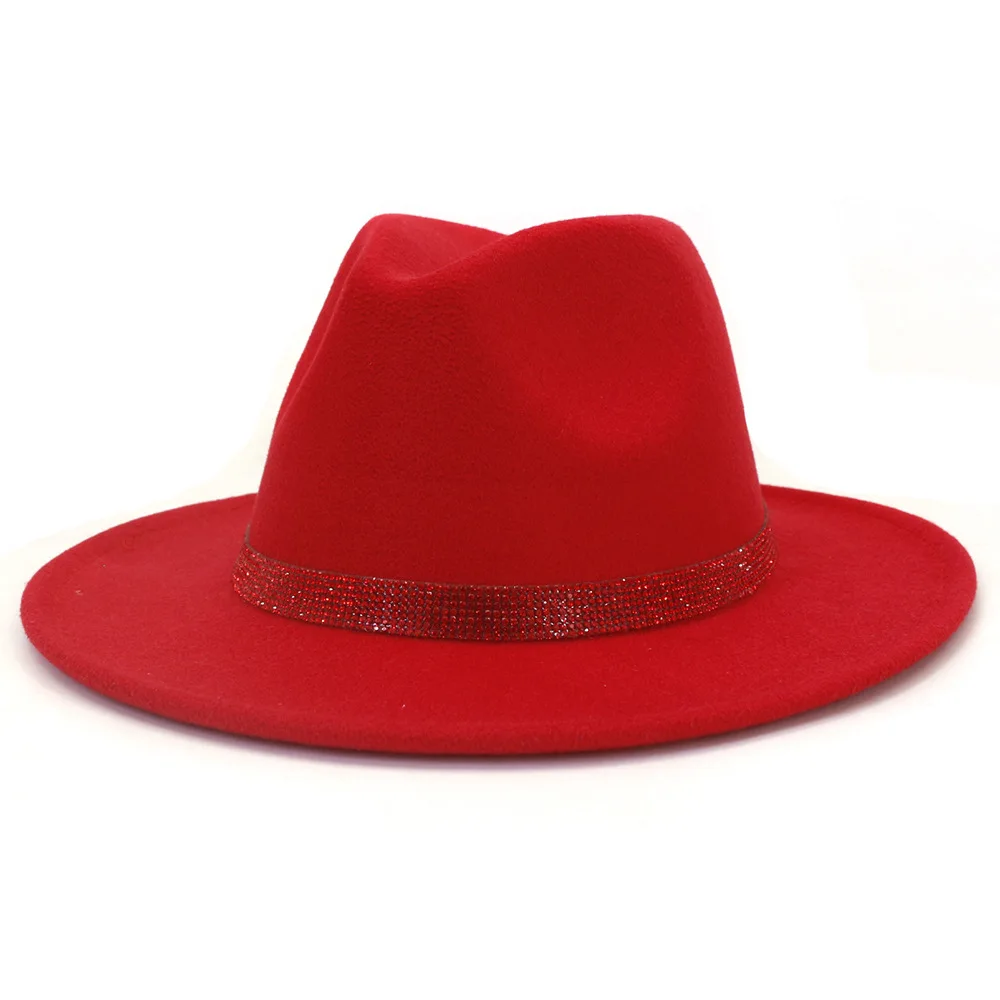 Lightweight Solid Color Fedora Hats for Women Men Thick Fabric Cowboy Cap Western Jazz Felt Cap Casual Hats with diamond bands