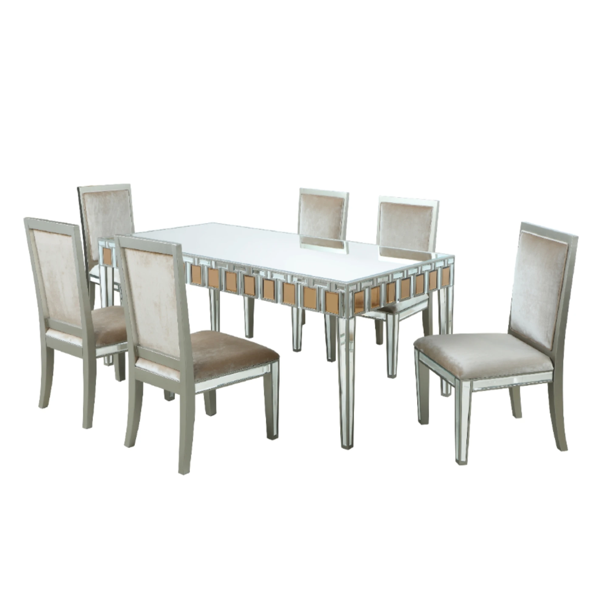 Minimalist rectangular gold tea mirror glass solid wood table and chair restaurant furniture set hotel catering family use
