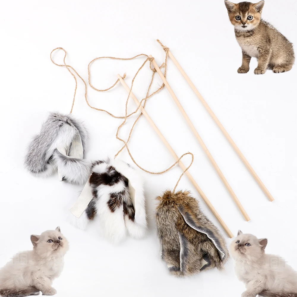 Natural Wood Sticks with Rabbit Fur Teaser Cat Entertainment Toys for Feline Fun and Play