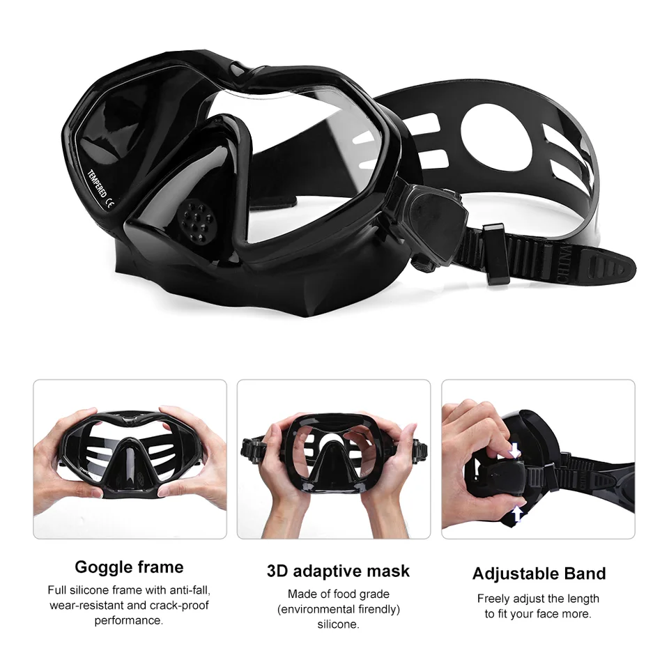 Hot Sell Tempered Glass Snorkeling Diving Mask And Snorkel Set With Fins