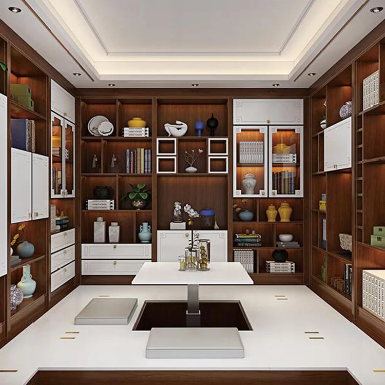 Custom European-style High-end Solid Wood Luxury Furniture Set Wall Bookshelf Bookcase With Desk