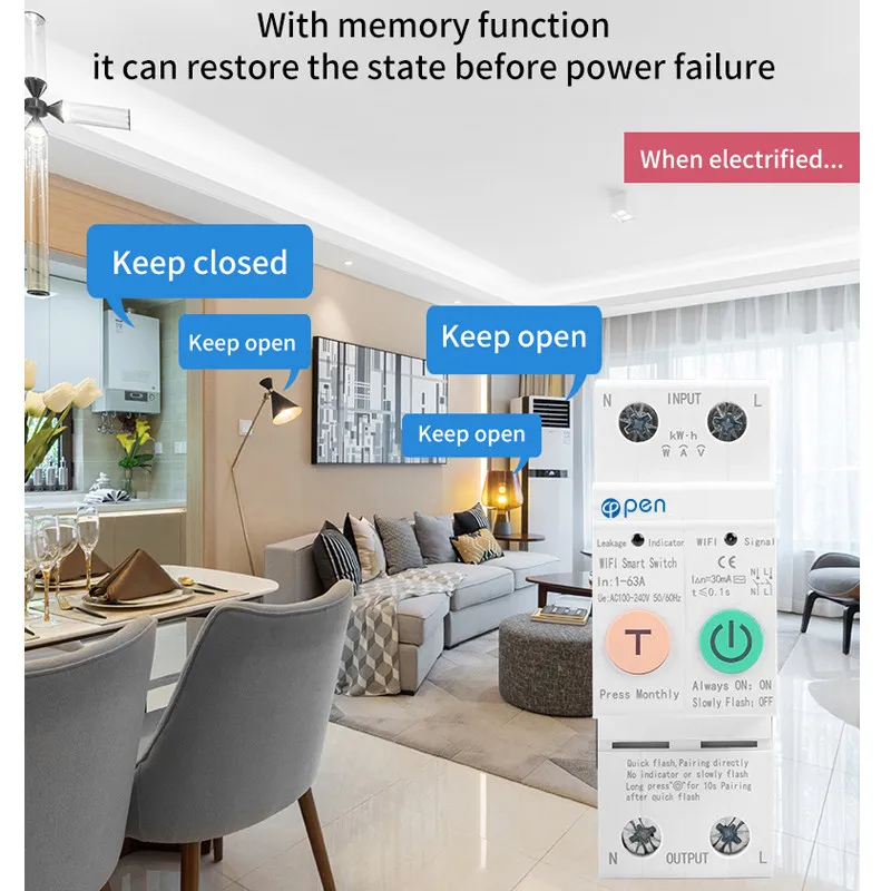  Open Electric 2P WIFI Tuya remote control energy monitoring smart Switch for Smart home tuya
