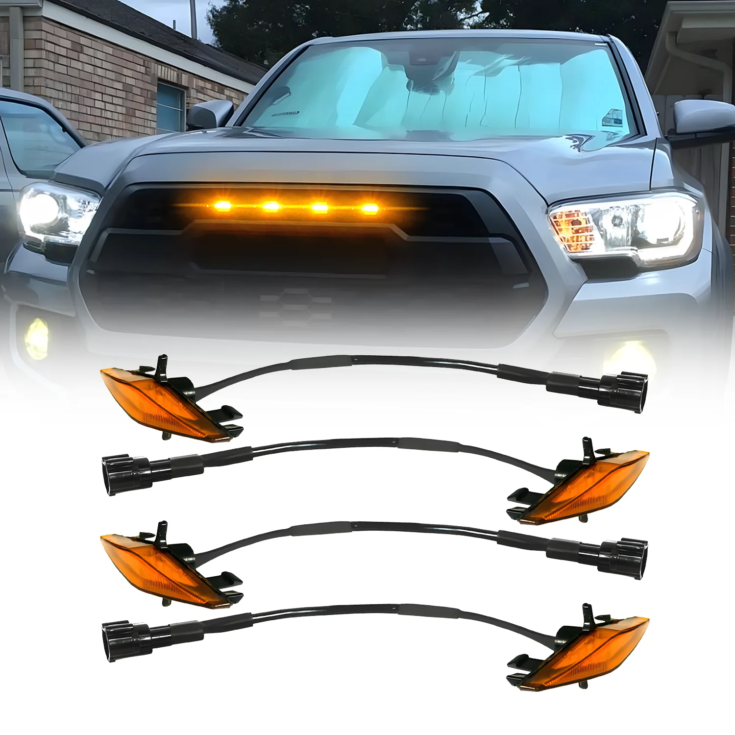 Amber Yellow Front Grille LED Lights with Wiring Harness Kit Car warning light day time running light car accessories