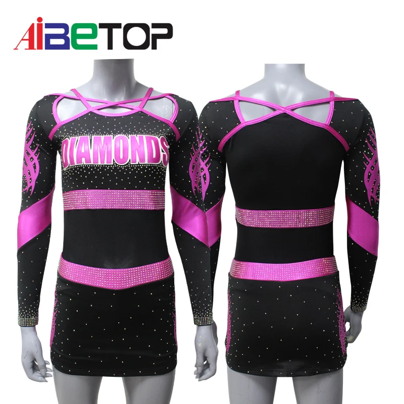 OEM Custom Performance Long Sleeve Girls Cheerleading Uniforms Design Dye Sublimation Logo With Rhinestones