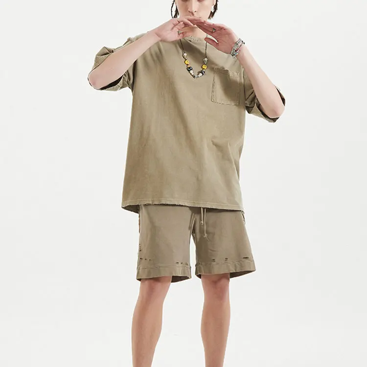 2021 custom streetwear men summer oversized washed vintage ripped cotton shorts and t shirt two piece set