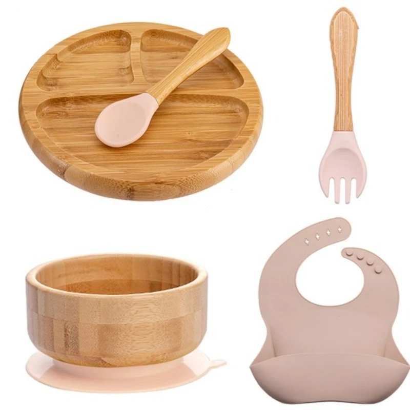 Manufacturer Factory Baby Led Weaning Set 5PCS Silicone Bib Baby Wooden Bowl Suction Plate Bamboo Baby Feeding Set