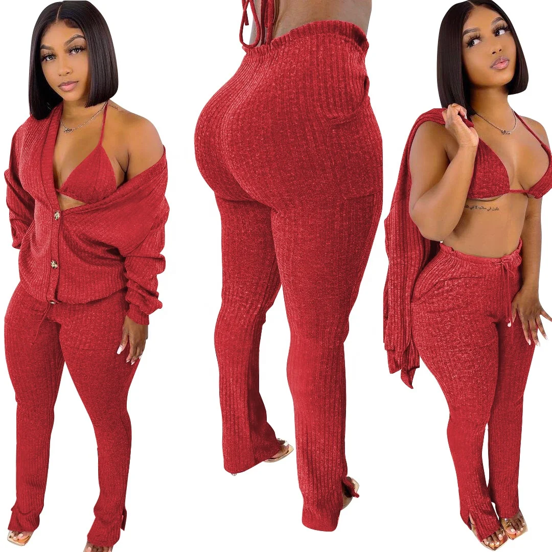 New Arrival Cardigan And Long Pants 3 Piece Set Lady 3PC Sweater Bikini And Skinny Pant Outfits Sexy Women Clothing