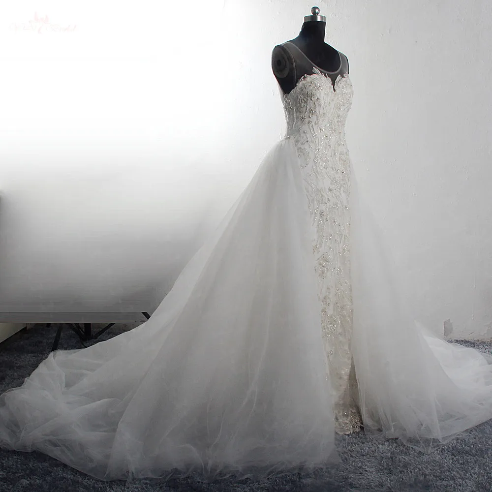 RSW1553 Luxury Bridal Gown Scoop Neckline Sleeveless Silver Beaded Appliques Lace Designer Wedding Dress Detachable Skirt