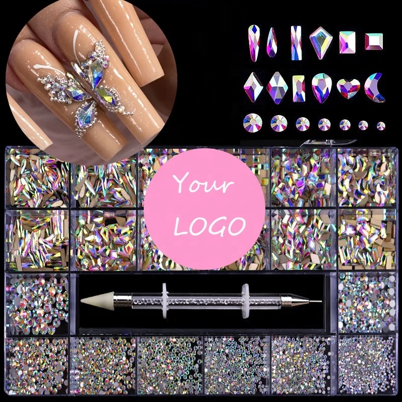 Shiny Crystal AB White Rainbow Nail Art Mix Shape Fancy In Box Flat Bottom Glass Nail Rhinestone Art Decoration Rhinestones