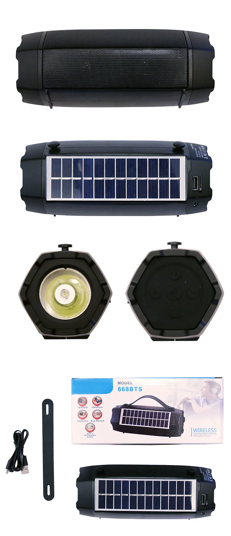 RS-668BTS Portable fm radio blueteeth speaker with colorful led light  solar panel aux in