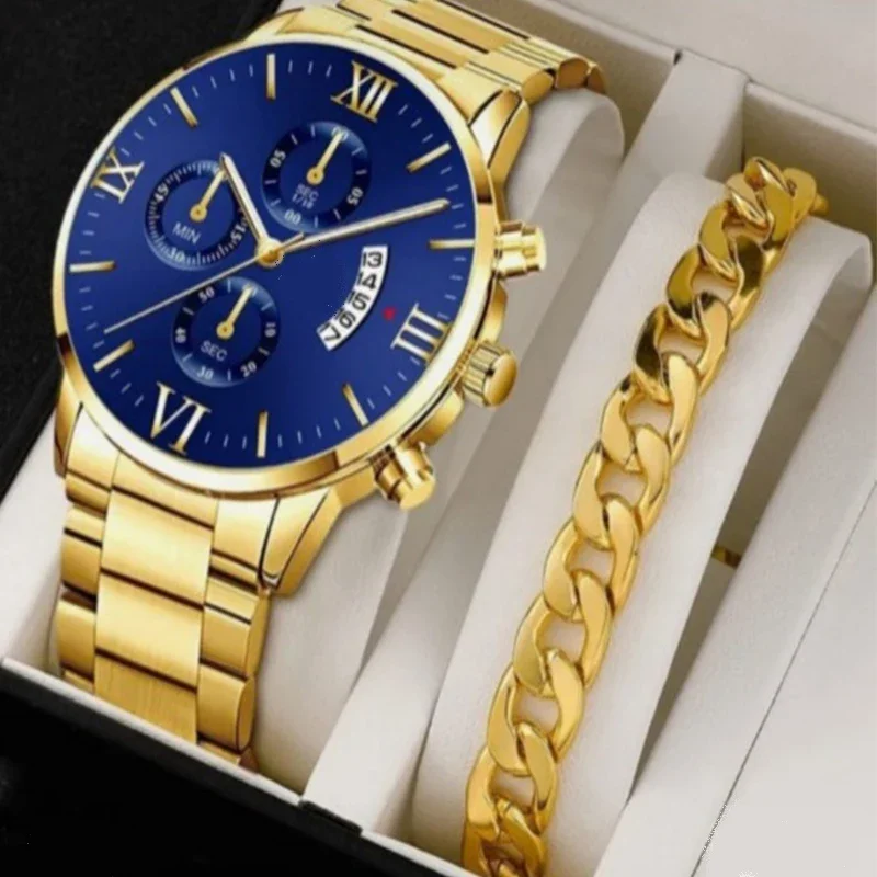 Business Trend Fashion Round Large dial Three eyes Calendar Quartz Watch + Bracelet (2pcs/set)