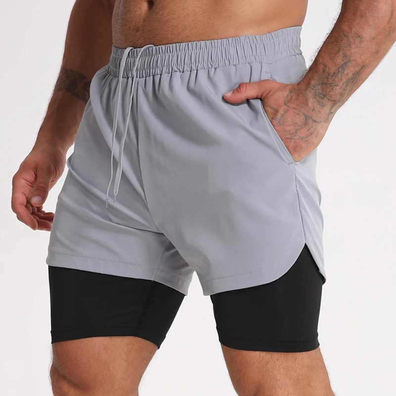 Custom Quick Dry Double Layer Lined  Gym Fitness Basketball Shorts Men Polyester Shorts Sportswear