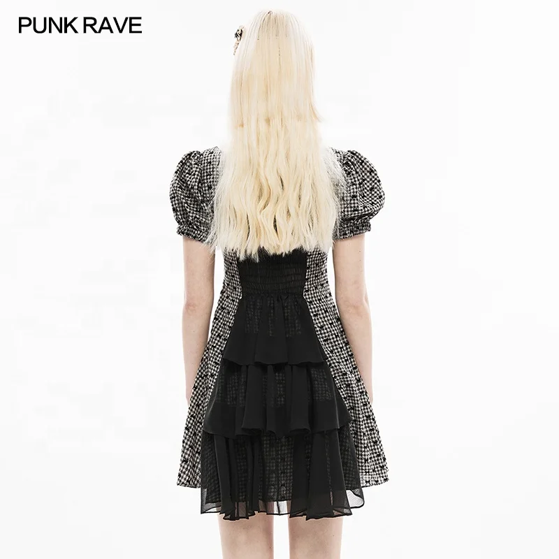 PUNK RAVE OPQ-1229LQF summer A line bubble short sleeves winged translucent chiffon elastic band princess cute plaid dress