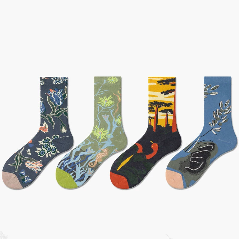 High Quality Women Flower Socks Funny Retro Socks Fashion Happy Cotton Casual Middle Tube Socks For Men