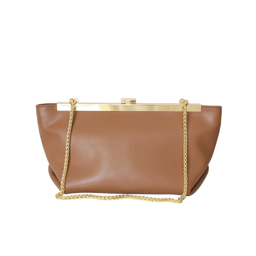 Top Layer Cowhide Leather Plain Dumpling Shape Cluth Elegant Lady Bag With Free Customized Logo