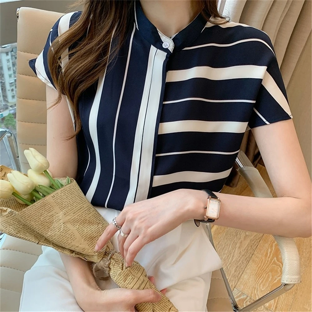 Wholesale New Arrival Oem Blouses Shirts Short Sleeve Summer Striped Chiffon Blouse Women Shirt Tops Ladies