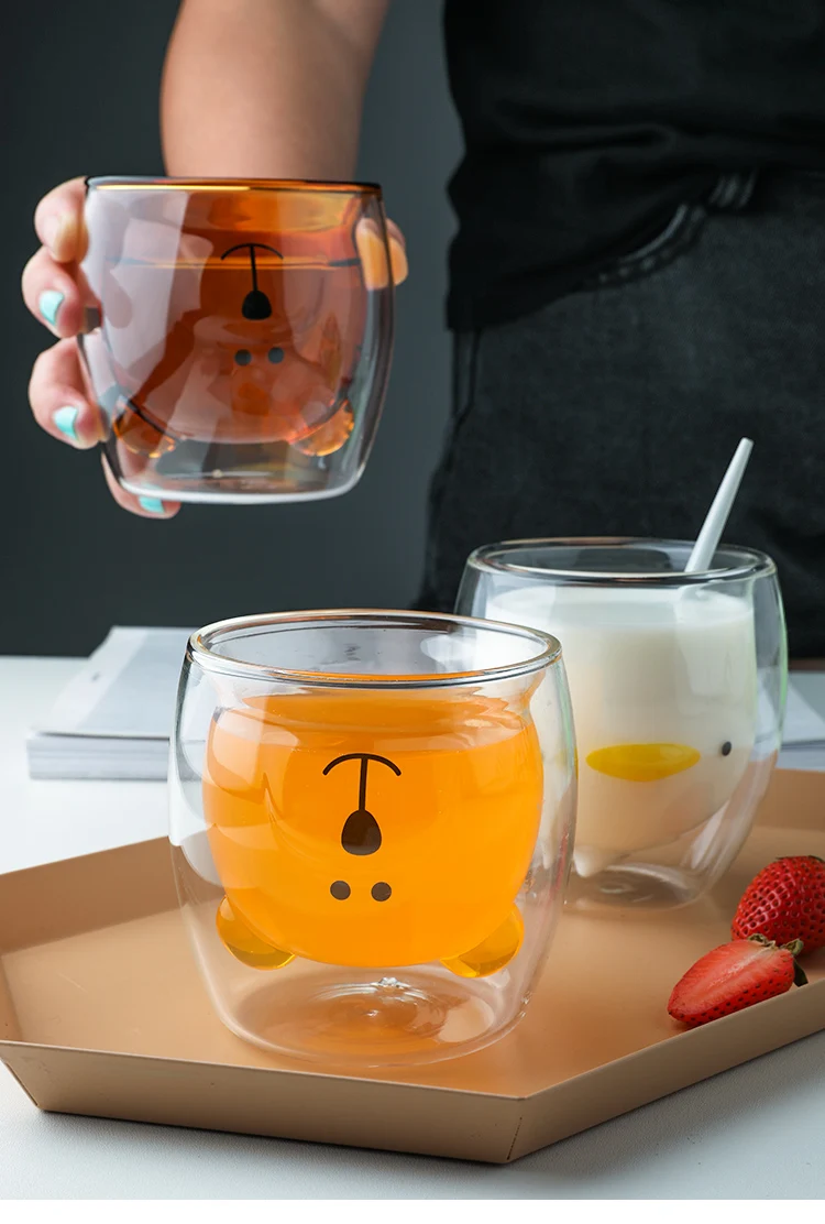 
Transparent glass coffee kitten bear double cup heat insulation high borosilicate 