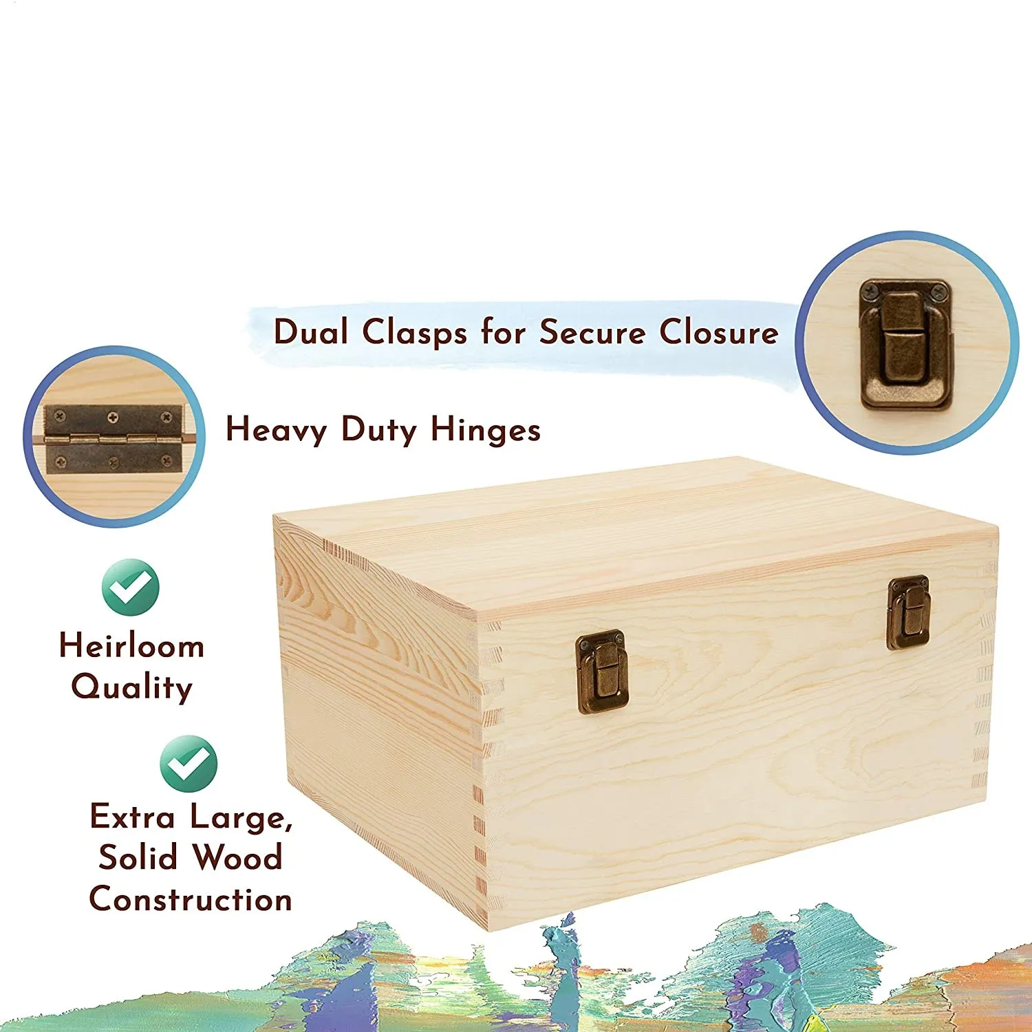 Hinged Lid, 2 Clasps, Heavy-Duty Thick Pine Wooden DIY Storage Box Extra Large Unfinished Pine Wood Box