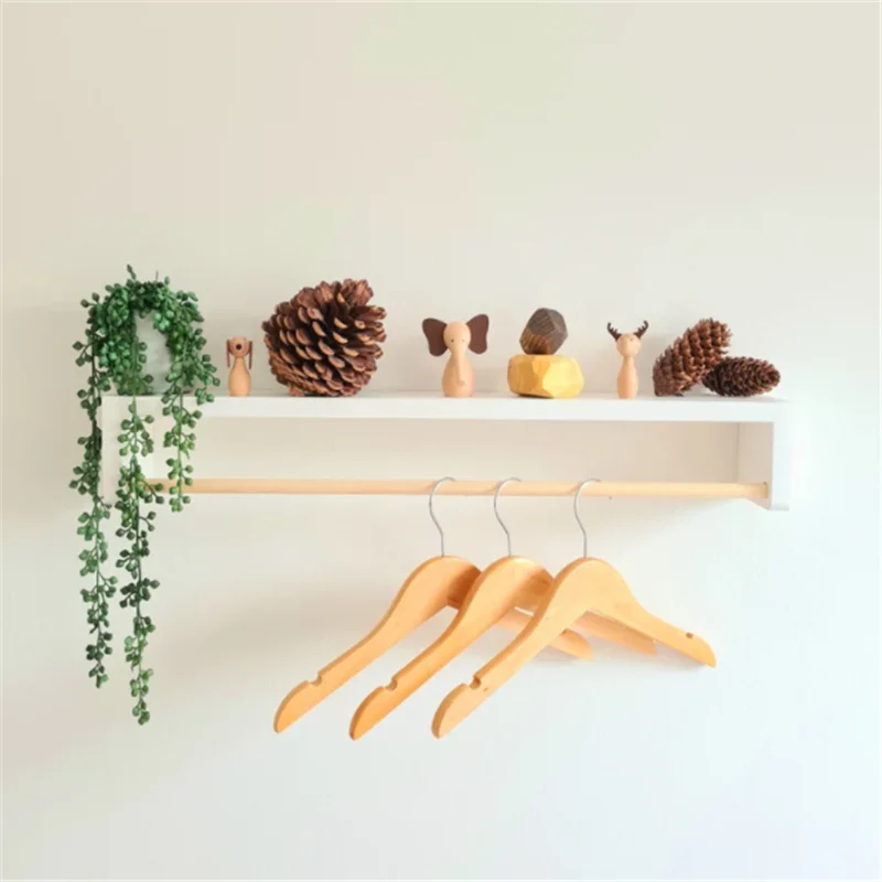 White Nursery Book Shelf with Rail for Kids Room Modern Decor Wood Floating Wall Shelf for Children Books and Hanging Clothes