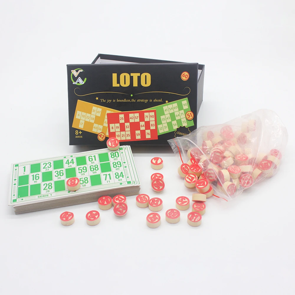 Ningbo Royal High Quality Custom Color Box Wooden Classic Bingo Board Game 90pcs Wooden Bingo Chip 48pcs bingo card