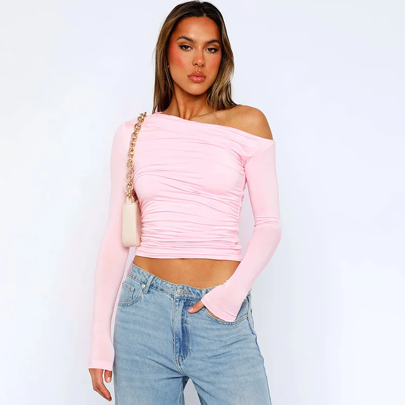 Wholesale Custom New Spring Pleated Slim Fit Solid Color Pink Asymmetrical Long Sleeve Crop Top T Shirt For Women Casual Fashion