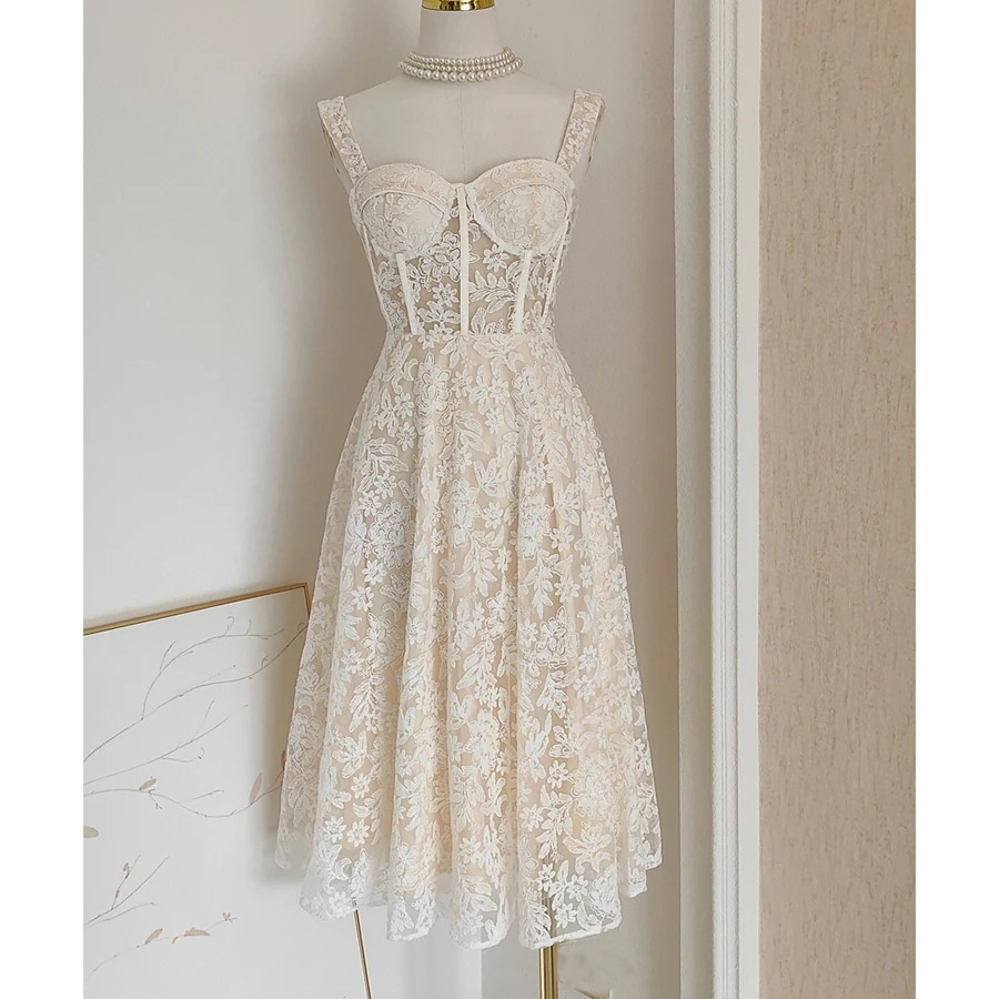 Elegant Summer New Dress Mesh Embroidery Perspective Strap Waist Slimming Dress