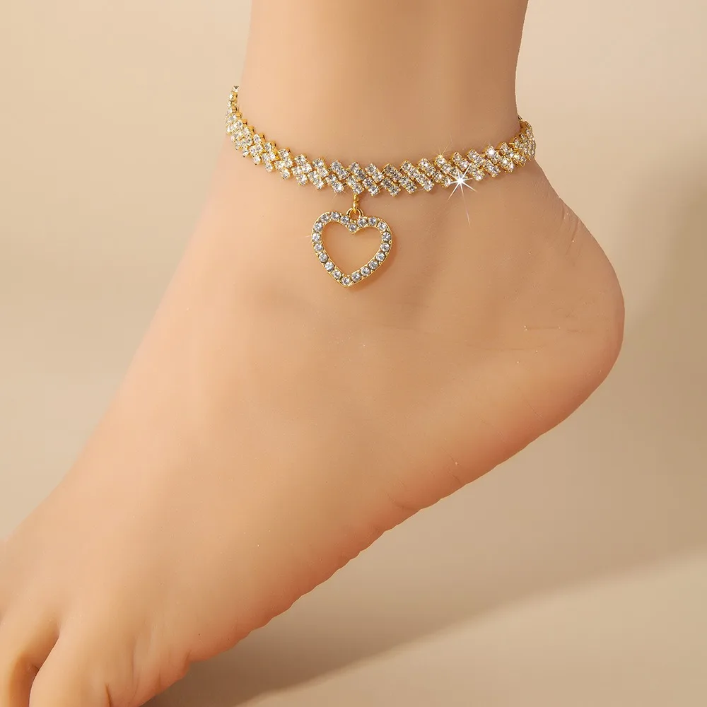 Summer Plated Gold Silver Rhinestone Chain Heart Ankle Bracelet Bling Rhinestone Tennis Chain Heart Ankle Bracelet For Women