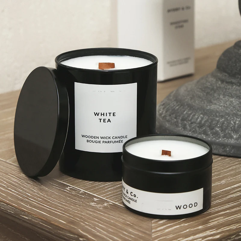 personalized labels black metal jar packaged scented candle with bamboo wooden wicks