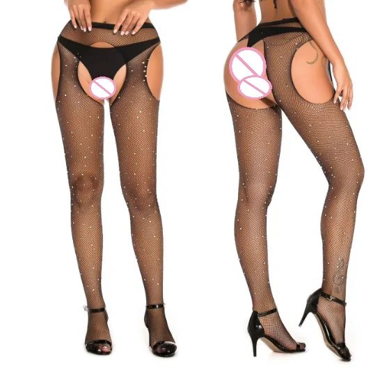 Женские чулки, блестящие колготки в сеточку с открытой промежностью и стразами