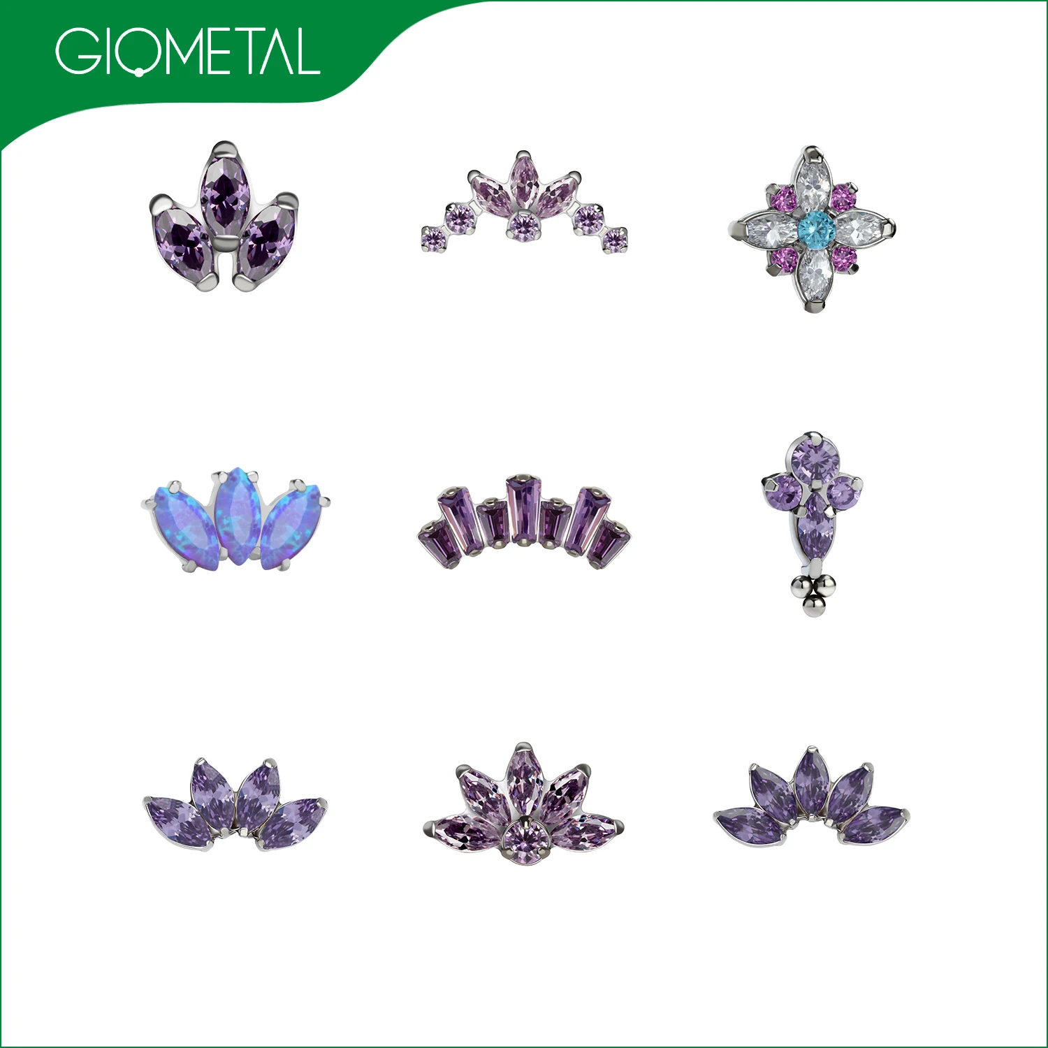 Giometal ASTM F136 титановый аметист Хрустальный CZ бесрезьбовые концы спираль трагус пирсинг ювелирная фабрика