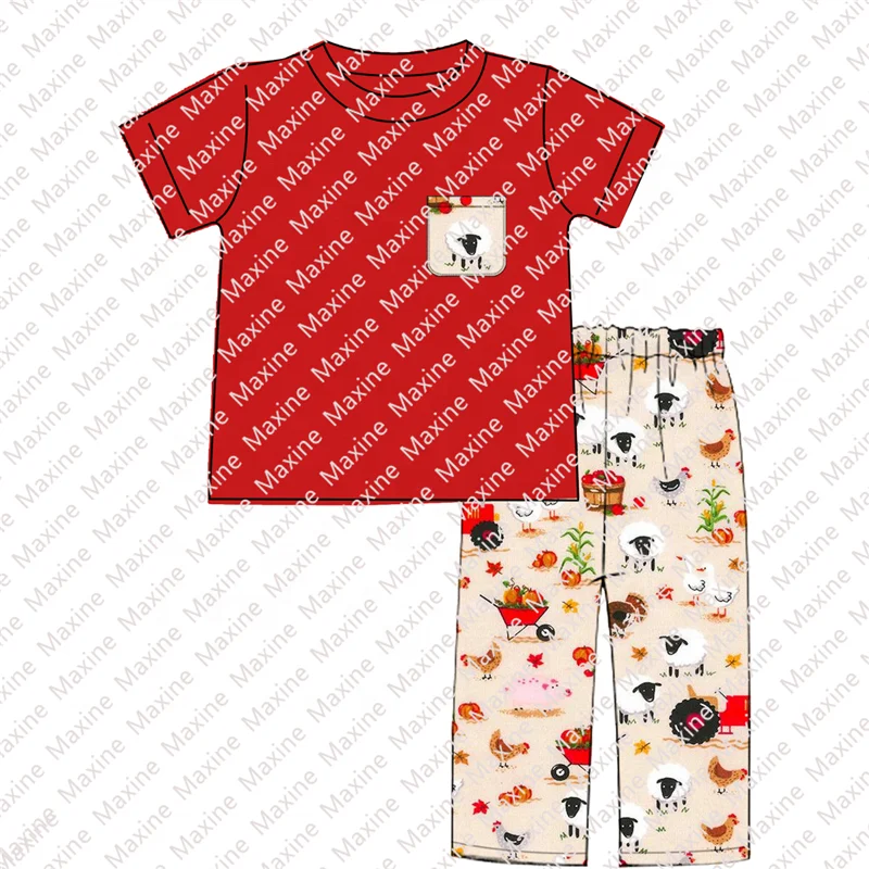 2021 New Fall Cute Farm Animal Fabric Boys Clothing Set Knit Cotton Boys Pocket Shirt Matched Outfit