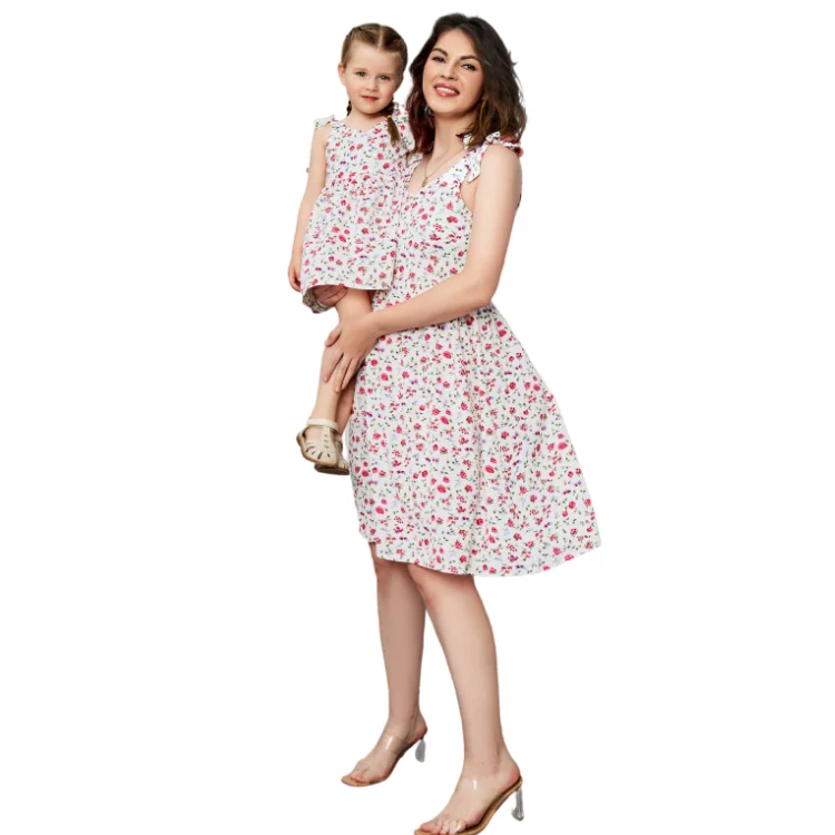 2022 summer floral print cotton casual women girl dress mother and daughter matching clothing  mommy & me Matching Family dress