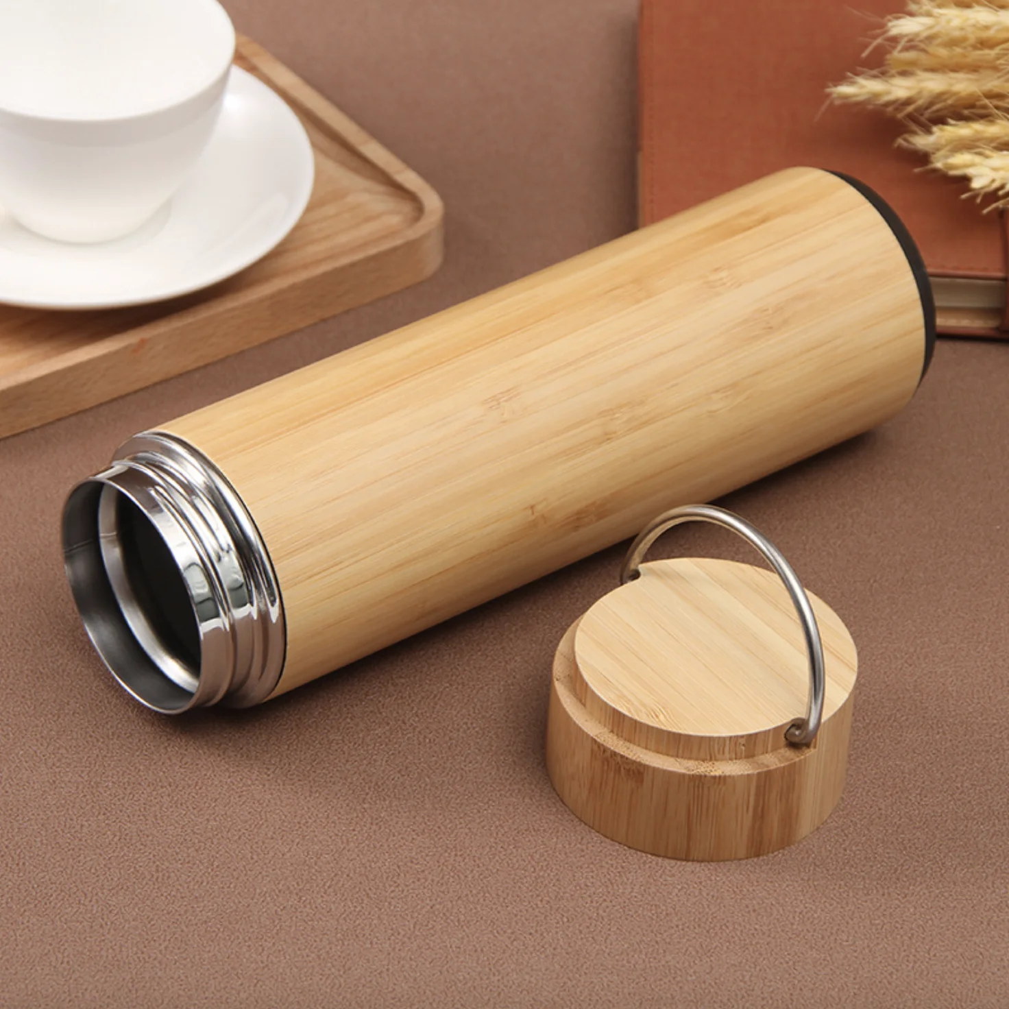 Flasks Wide Mouth Office Bottle Tea Infuser Insulated Drinking Bottle Eco Friendly Portable Double Wall Bamboo 18oz Vacuum