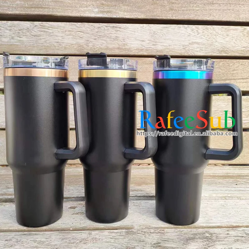 USA Warehouse 40oz 40 oz Powder Coated Black White Cream Laser Engraved Etch to Gold Plated Base Stainless Steel Tumbler Cup