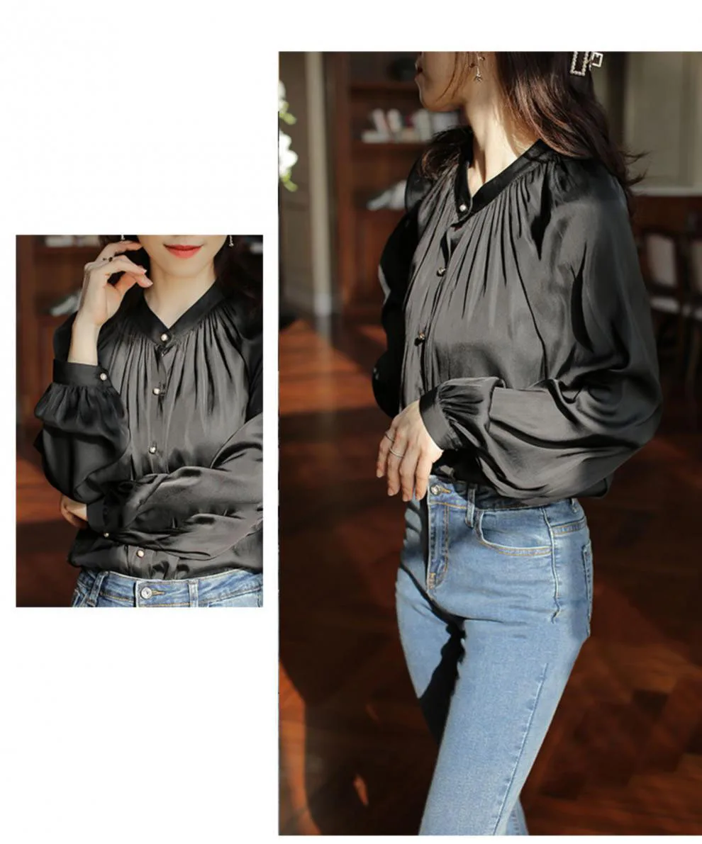 Spring 2021 Boutique White Blouse Retro Court Style Satin Blouses Women Long Sleeve Shirt Top For Women